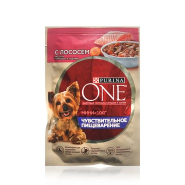 Влажный корм для собак Purina One Мини <10кг " Чувствительное пищеварение " с лососем, рисом и морковью в подливе 85г