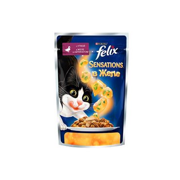 Влажный корм для взрослых кошек Felix Sensations с уткой в желе со шпинатом 85г