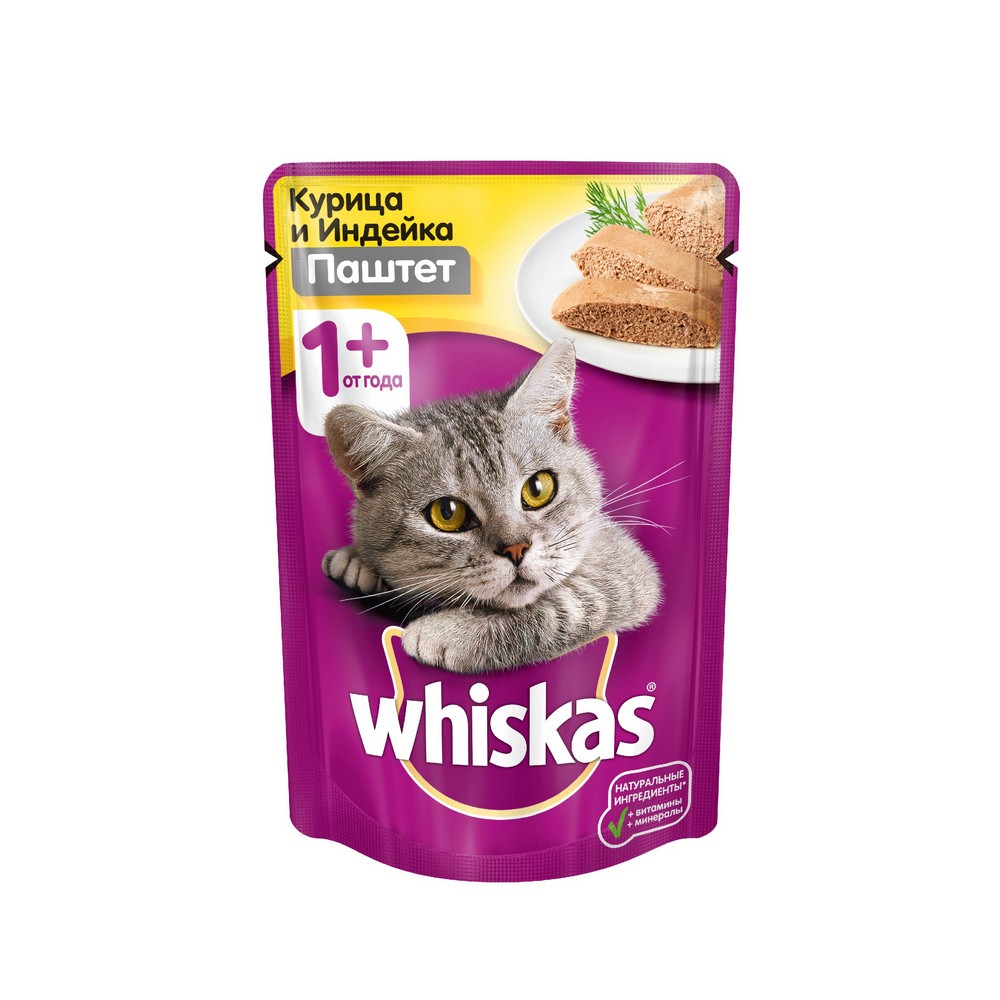 

Влажный корм для взрослых кошек Whiskas паштет с курицей и индейкой 85г