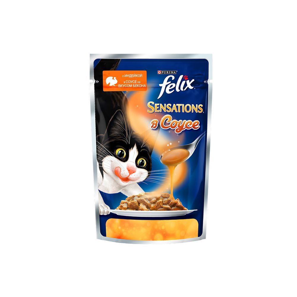 

Влажный корм для взрослых кошек Felix Sensations с индейкой в соусе со вкусом бекона 85г
