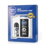 Мужской Подарочный набор Nivea " Сила и защита " ( шариковый дезодорант - антиперспирант Невидимый для черного и белого 50мл + гель для душа " Сила угля " 250мл )