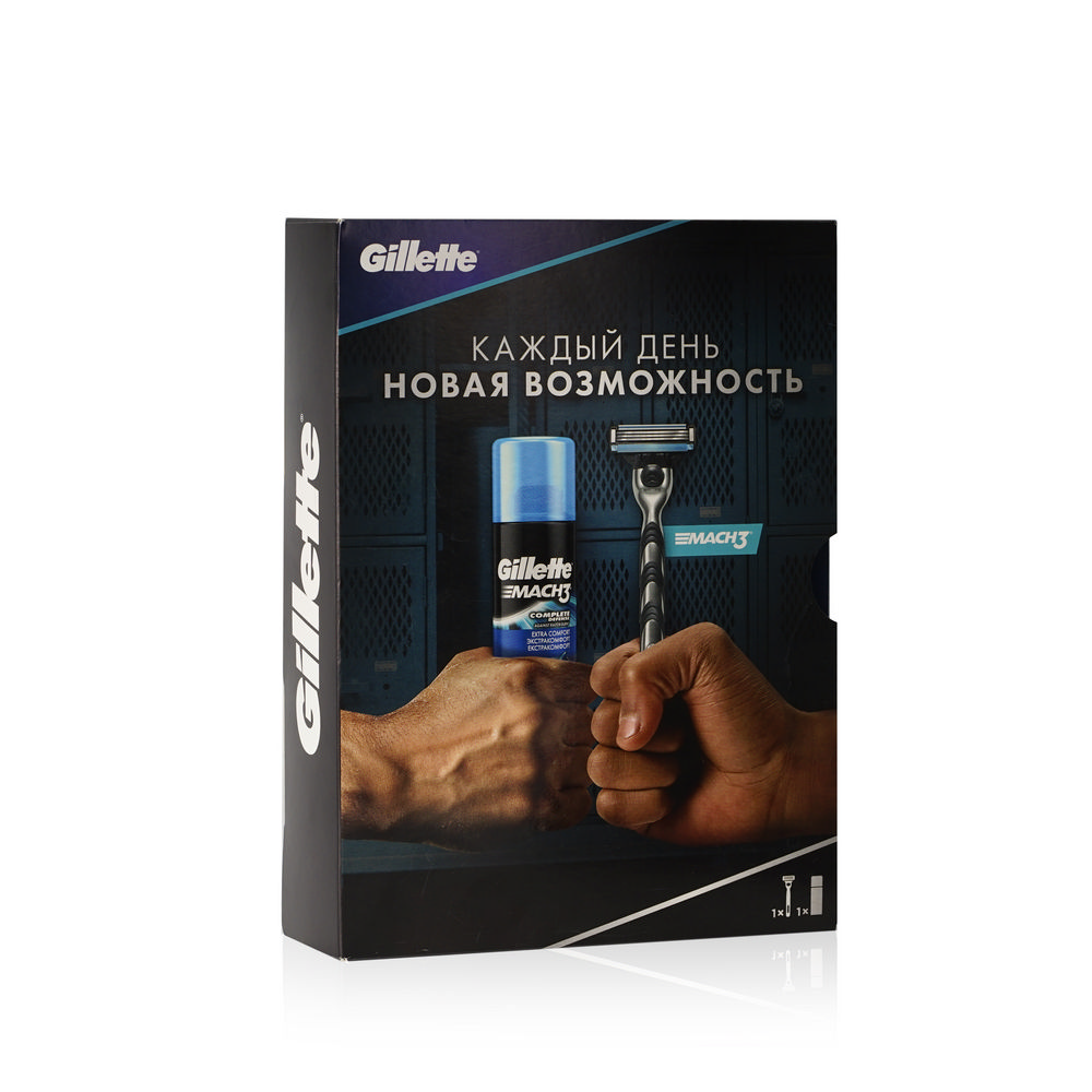 

Мужской Подарочный набор Gillette Mach 3 ( станок для бритья + сменная кассета 1шт + гель для бритья " Экстракомфорт " 75мл )