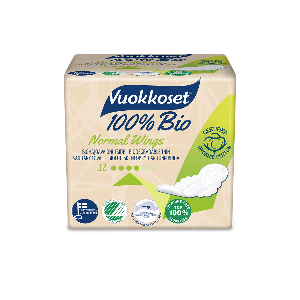 

Женские прокладки Vuokkoset 100%BIO с крылышками 12шт
