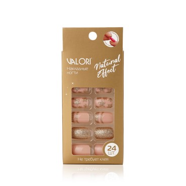 Накладные ногти Valori , Розовый с золотыми звездами , 24шт