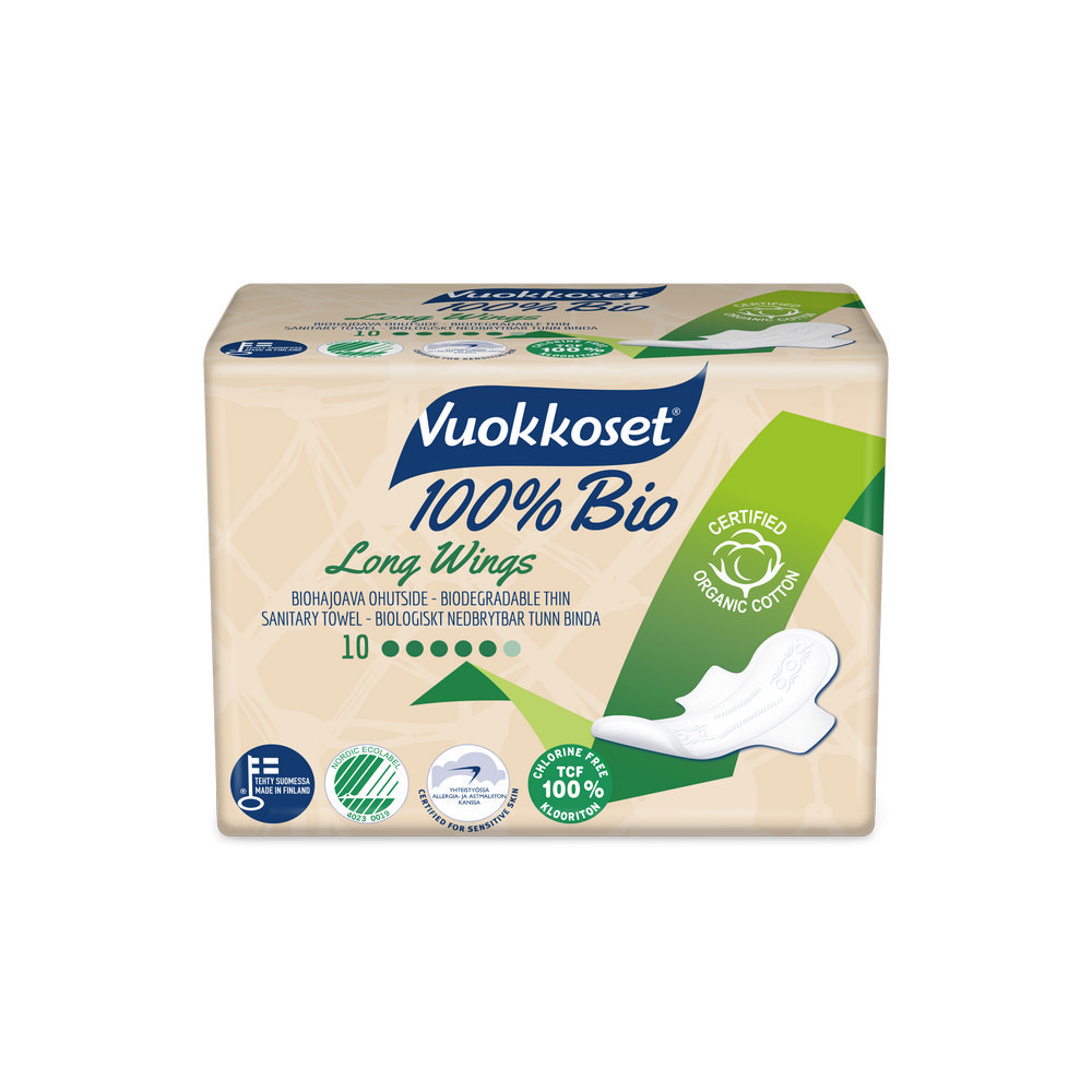 

Женские прокладки Vuokkoset 100%BIO с крылышками , длинные 10шт
