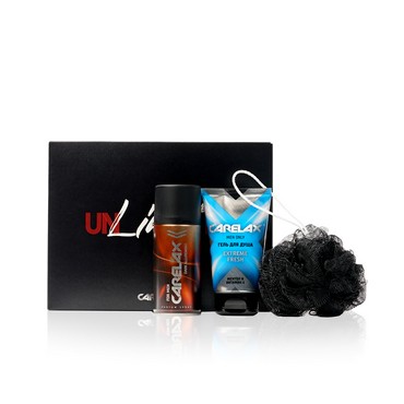 Мужской набор Carelax ( гель для душа " Extreme Fresh " 150мл + дезодорант " Dark Allurement " 150мл + мочалка - шар Aqua Joy , Черный )