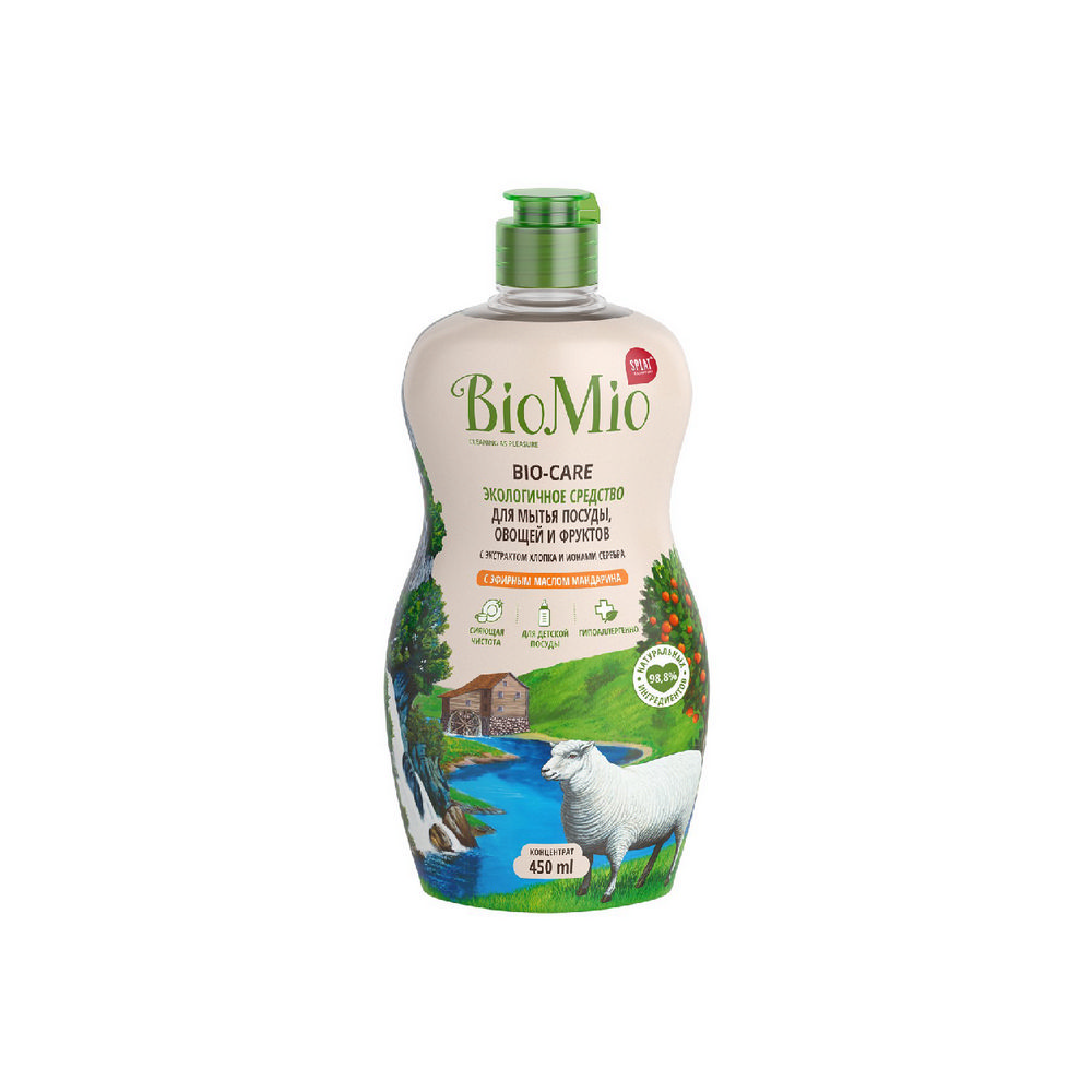 

Экологичное средство BioMio Bio-Care для мытья посуды , овощей и фруктов , с эфирным маслом мандарина и экстрактом хлопка 450мл