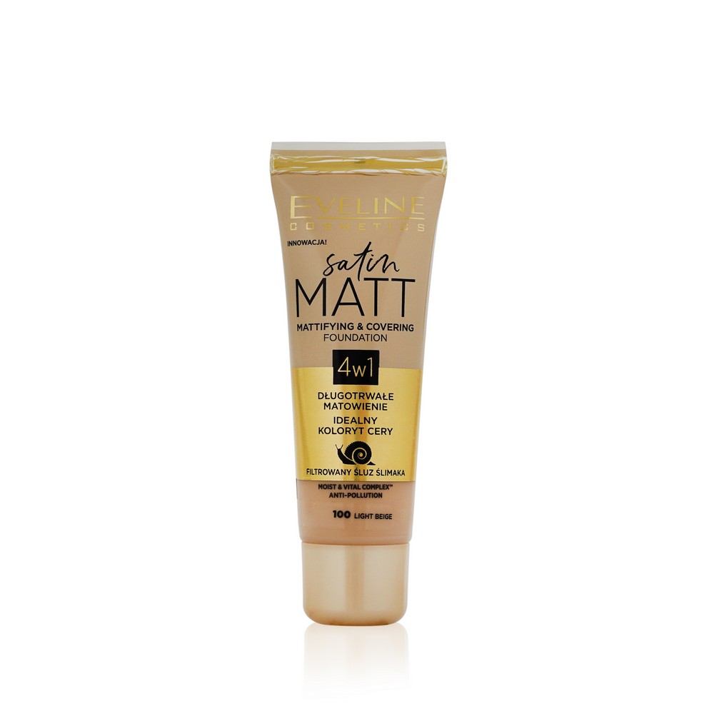 

Тональный крем для лица Eveline Satin Matt 4 в 1 матирующий с секретом улитки 100 Light beige 30мл