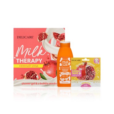 Женский подарочный набор Delicare " Milk therapy " ( гель для душа Milk & Silk " Французская сливочная карамель " 500мл + Пузырьковая маска для лица Ymmy Yogurt 7мл )
