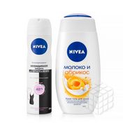 Женский набор Nivea ( дезодорант - антиперспирант невидимая защита для черного и белого 150мл + крем - гель для душа " Молоко и абрикос " 250мл )