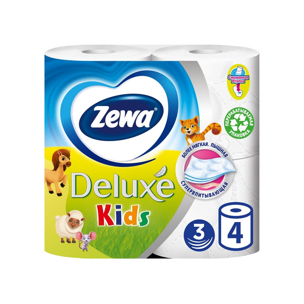 

Детская туалетная бумага Zewa Deluxe 3х-слойная 4шт
