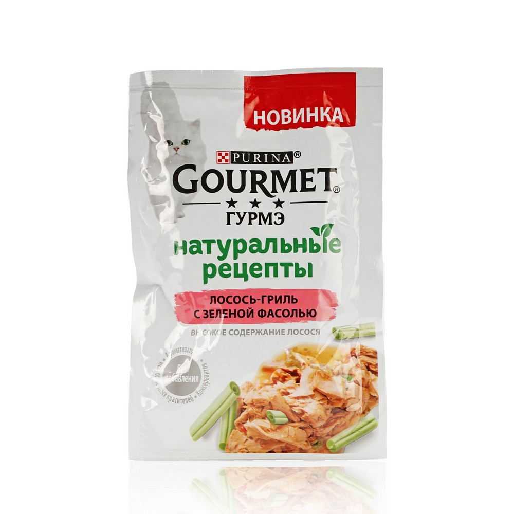 

Влажный корм для кошек Gourmet Натуральные рецепты Лосось - гриль с зелёной фасолью 75мл