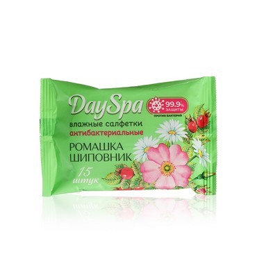 Антибактериальные влажные салфетки Day Spa " ромашка и шиповник " 15шт