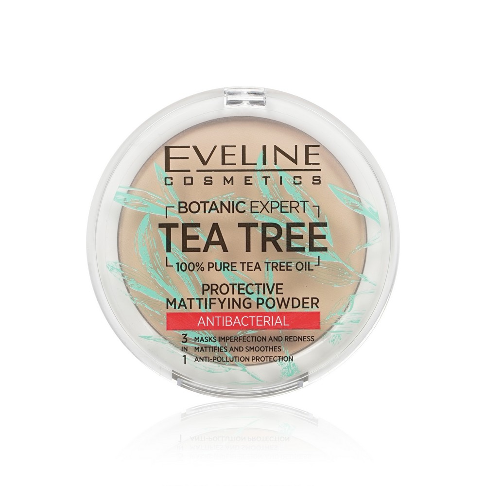 цена Пудра для лица Eveline Tea tree антибактериальная матирующая 004 Beige 9г