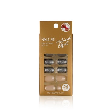 Накладные ногти Valori Natural Effect , Нюдовый бежевый с серебром , 24шт