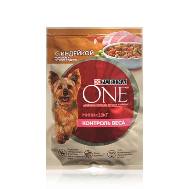 Влажный корм для собак Purina One Мини <10кг " Контроль веса " с индейкой, морковью и горохом в подливе 85г