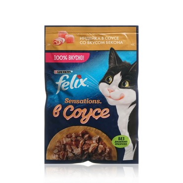 Влажный корм для кошек Felix Sensations " Индейка в соусе со вкусом бекона " 75г