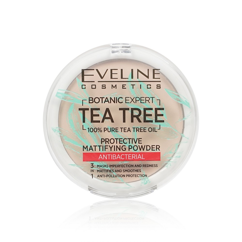 цена Пудра для лица Eveline Tea tree антибактериальная матирующая 002 Ivory 9г