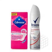 Женский набор ( дезодорант - антиперспирант Rexona " Антибактериальный эффект " 150мл + ежедневные прокладки Libresse Dailyfresh multistyle 20шт )