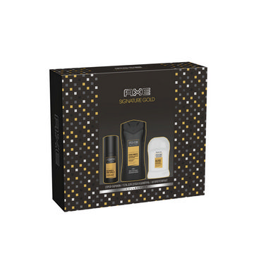 Мужской Подарочный набор Axe Signature Gold ( гель для душа - шампунь 2 в 1 " Гладкое очищение " 250мл + спрей - парфюм для тела 100мл + дезодорант - антиперспирант " Защита от пятен " 50мл )