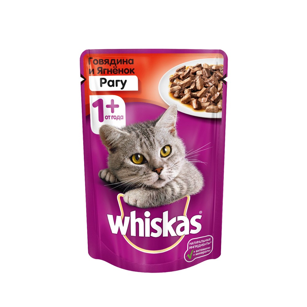 

Влажный корм для взрослых кошек Whiskas рагу с говядиной и ягненком 85г