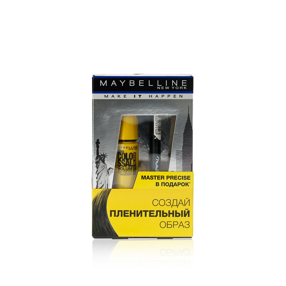 

Подарочный набор для женщин Maybelline New York ( тушь для ресниц " Volum`Express Colossal 100% Black " Черная 10,7мл + подводка - лайнер " Master Precise Liquid " )