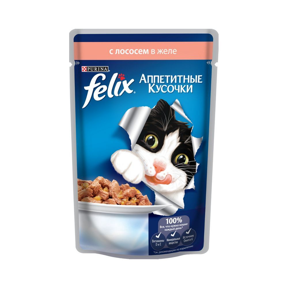 

Влажный корм для взрослых кошек Felix Аппетитные кусочки с лососем в желе 85г