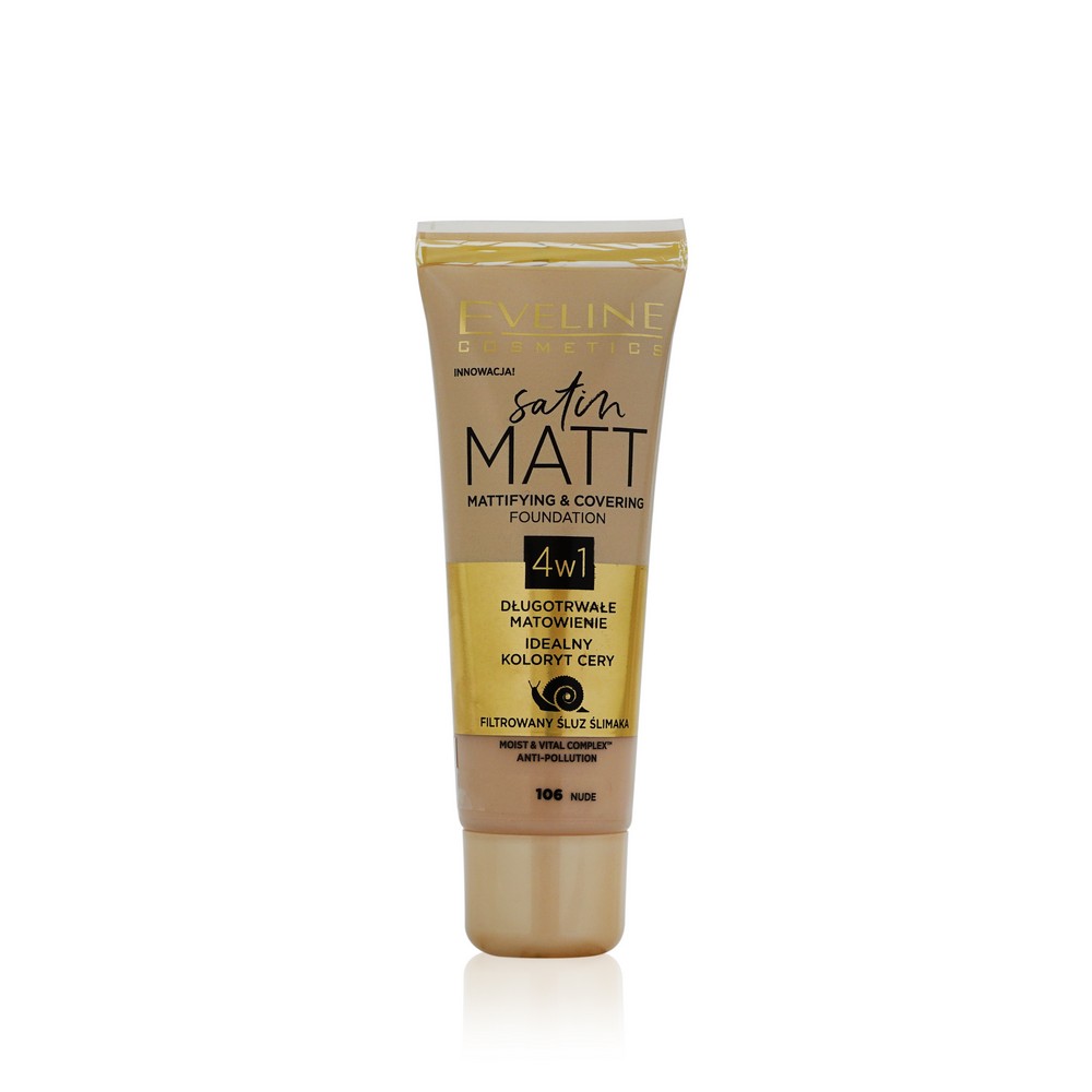 

Тональный крем для лица Eveline Satin Matt 4 в 1 матирующий с секретом улитки 106 Nude 30мл