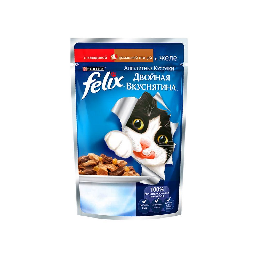 

Влажный корм для взрослых кошек Felix Двойная вкуснятина с говядиной и птицей 85г