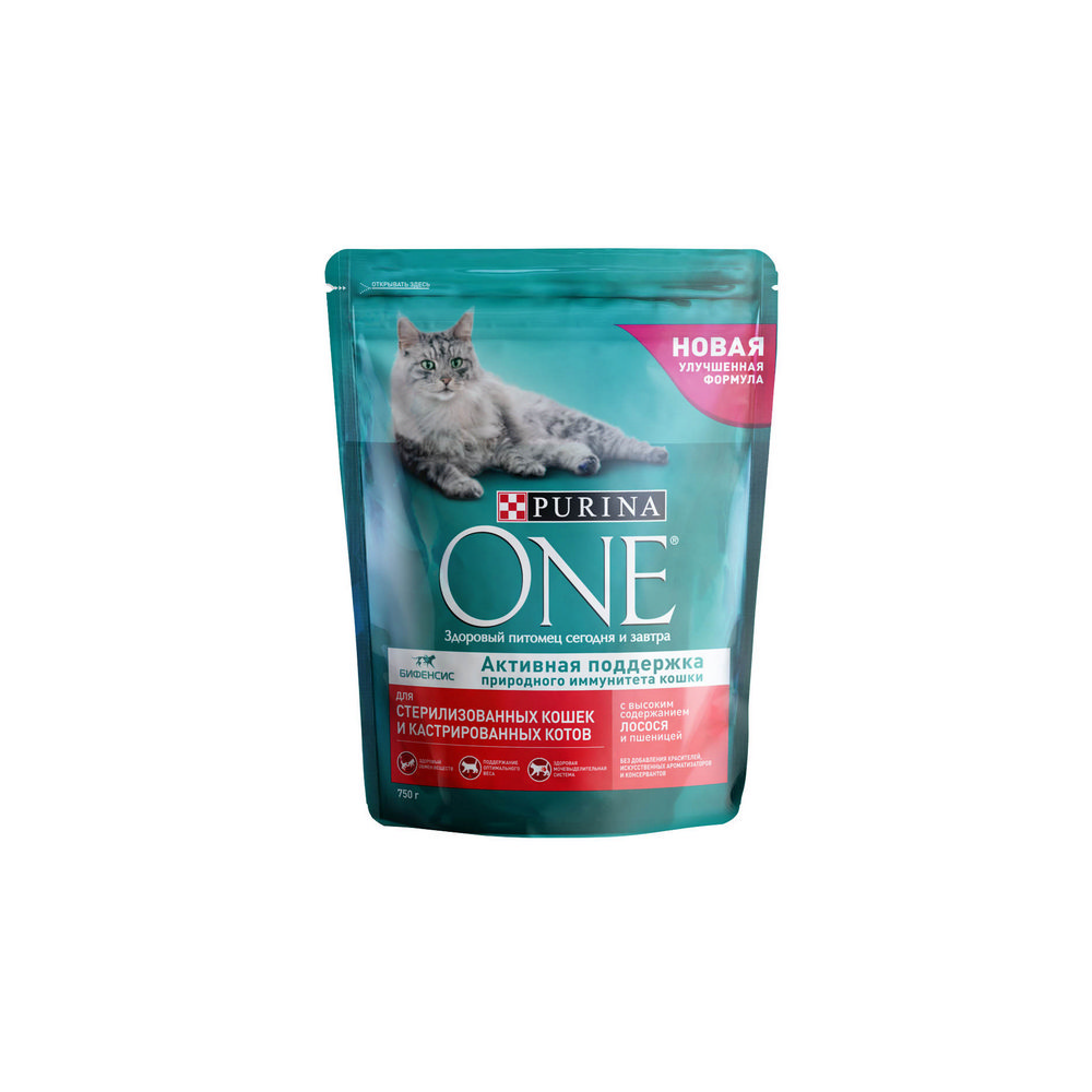 Сухой корм для стерилизованных кошек Purina One с лососем и пшеницей 750г purina one sterilised сухой корм для стерилизованных кошек и кастрированных котов с лососем 9 75 кг