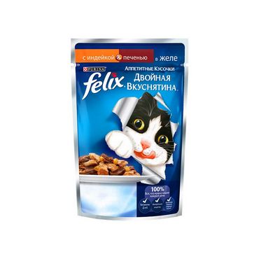Влажный корм для взрослых кошек Felix Двойная вкуснятина с индейкой и печенью в желе 85г