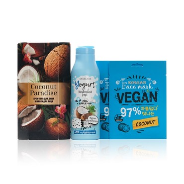 Женский набор ( крем - гель для душа Delicare Yougurt " Кокосовый рай " 400мл + маска для лица WEIS Vegan с экстрактом кокоса 23г*2шт )