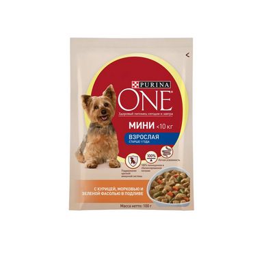 Влажный корм для взрослых собак мелких пород Purina One с курицей , морковью и зеленой фасолью в подливе 100г