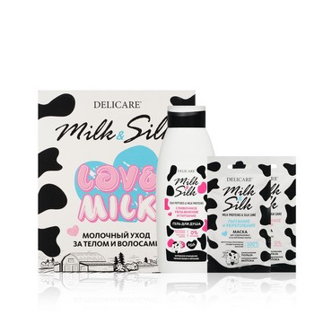 Женский подарочный набор Delicare Milk & Silk ( гель для душа " увлажнение и питание " 500мл , маска для волос " Питание и укрепление " 25мл , маска для волос " Увлажнение и блеск " 25мл )