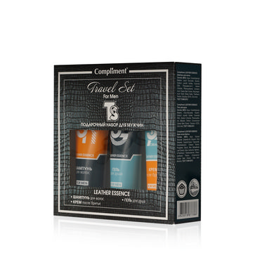 Мужской набор Compliment Leather Essence ( шампунь для волос 80мл + гель для душа 80мл + крем после бритья 80мл + мочалка для тела )