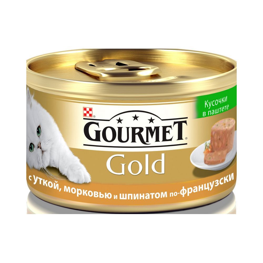 

Влажный корм для кошек Gourmet Gold кусочки в паштете с уткой , морковью и шпинатом по-французски 85г